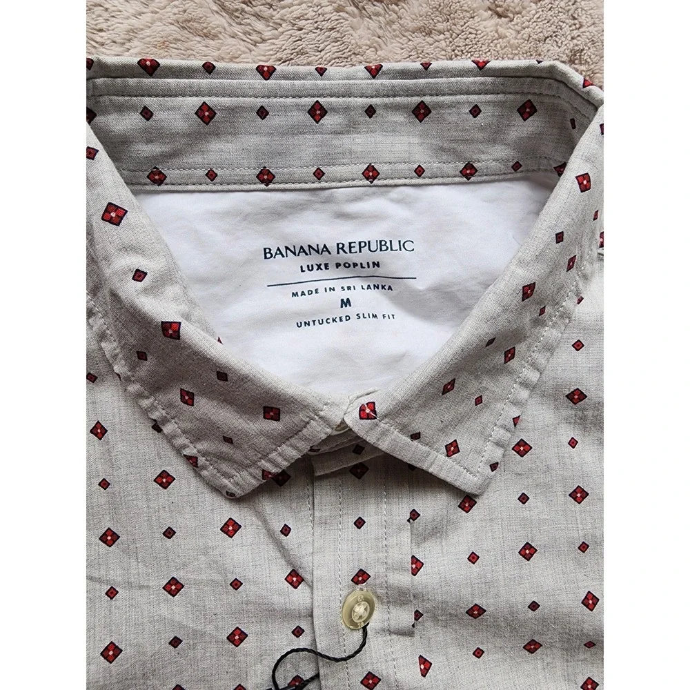 Banana Republic Mens Untucked Slim Fit Grey Red Diamond Luxe Poplin Shirt M NEW